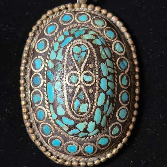 Large Persian Inlaid Turquoise & Brass Necklace - Picture 4 of 6